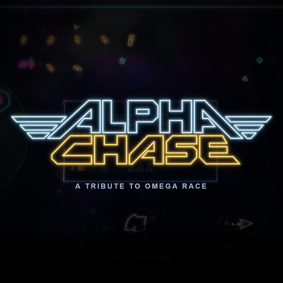 The Alpha Chase logo in neon over a game in play